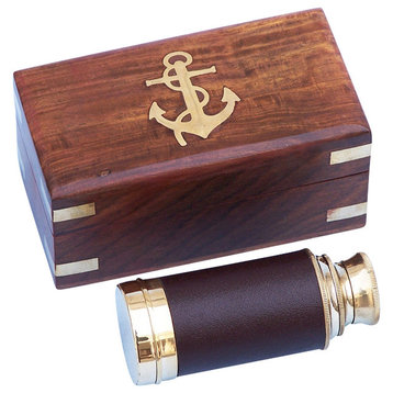 Scout's Leather Spyglass With Rosewood Box, Brass, 7"