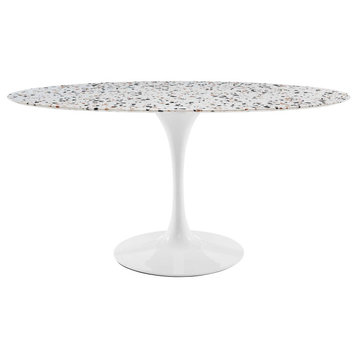 60" Dining Table, Oval, White, Wood, Metal, Modern, Cafe Bistro Hospitality