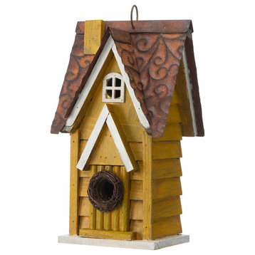12"H Retro Distressed Solid Wood Cottage Birdhouse