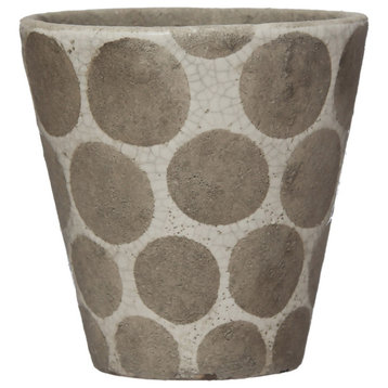 Round Terra-cotta Planter with Wax Relief Dots, Cream and Cement