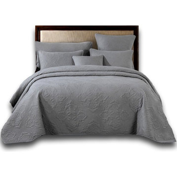 Elegant Modern Floral Grey Diamond Pattern Quilted Coverlet Bedspread Set, Queen