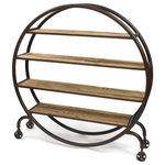 Indigo Retreat - Piping Bookshelf - Gather 'round this beautiful anomalous bookshelf and pick out a good book. The Studio Bookshelf is an incredible piece with a circular frame forged from iron, and four shelves made of gorgeous staggered hardwood. It is also equipped with four casters for easy relocation. This piece measures 74 inches long by 15.75 inches deep by 74 inches high. The top and bottom shelves measure 53 inches long by 14 inches wide and the middle shelves measure 66.5 inches long by 14 inches wide.