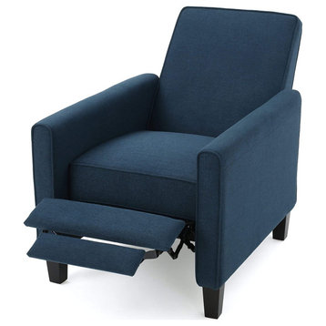 Contemporary Recliner, Low Profile Design With Padded Seat and Piped Edges, Blue