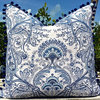 Blue and White Linen Pillow Cover With Navy Blue PomPom Trim, 22"x22"