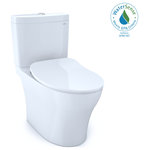 Toto - Toto Aquia IV 2P Elong 2-Flush 1.28 and 0.8GPF Toilet and Seat Colonial White - The Aquia IV Two-Piece Elongated Dual Flush 1.28 and 0.8 GPF Universal Height Toilet with CEFIONTECT is the epitome of modern form and function. The skirted design conceals the trapway, which enhances the elegant look of the toilet and adds an additional level of sophistication. Skirted design toilets also minimize the need to reach behind the bowl to clean the nooks and crannies of the exterior trapway. The Aquia IV features TOTOs DYNAMAX TORNADO FLUSH, utilizing a 360 degree cleaning power to reach every part of the bowl. This version of the Aquia IV includes CEFIONTECT, a layer of exceptionally smooth glaze that prevents particles from adhering to the ceramic. This feature, coupled with DYNAMAX TORNADO FLUSH, helps to reduce the frequency of toilet cleanings, minimizing the usage of water, harsh chemicals, and time required for cleaning. The enhanced design of the Aquia IV inner bowl reduces water flow resistance and turbulence, resulting in a quieter flush. The chrome center-mounted push button that sits atop the tank allows you to proactively conserve water by choosing between a 0.8 GPF rinse or 1.28 GPF for tougher jobs. This version of the Aquia IV offers TOTO T40 WASHLET+ compatibility for when you are ready to upgrade. WASHLET+ toilets feature a channel on the bowl surface to help conceal your WASHLET+ supply line and power cord for seamless integration. TOTO's newest and sleekest toilet bowl lid is included to create a beautiful slim and minimalistic ascetic while concealing the T40 connection channel. The Universal Height design allows for a more comfortable seat position across a wide range of users. The TOTO Aquia IV meets the standards for EPA WaterSense, and Californias CEC and CALGreen requirements. The Aquia IV comes ready for install into a 12" rough-in, but may be adapted for a 10" or 14" rough-in with the purchase of a separately sold adapter. The Aquia IV bowl and tank set includes an ultra slim SoftClose seat, tank to bowl hardware, a tank to bowl gasket, outlet socket, and toilet bolt caps. Additional items needed for installation and use must be purchased separately: wax ring, toilet mounting bolts, and water supply lines.