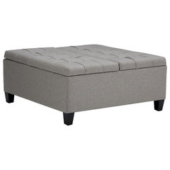 Simpli Home Owen Tray Top Small Coffee Table Storage Ottoman in Distressed Grey Faux Leather