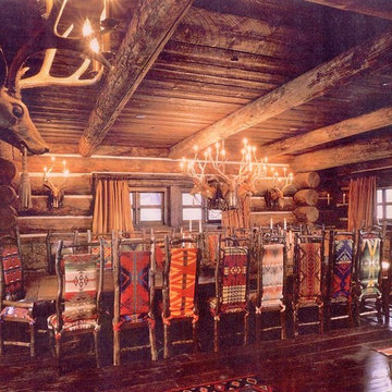 This Western themed dining room seats 28 guests. A round table seats 8 more.