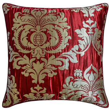 Red Jacquard  Pleated Dull Gold Damask 24"x24" Throw Pillow Cover - Damask Aurum