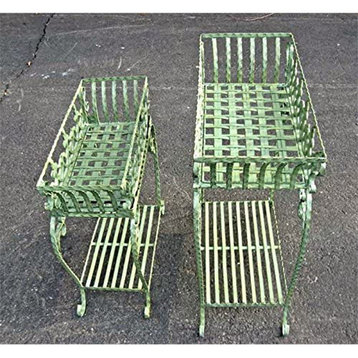 Antiqued Mint Finish Wrought Iron Victorian Plant Stands, Set of 2