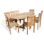Windsor Teak Furniture - Grade A Teak, 82", Oval Extension Table,  8 Designer Stacking Chairs - The Buckingham 82"x 39"Double Leaf Oval Extension Table W/8 Casa Blanca Armless Stacking Chairs. The table is 58" when closed, 70" with one leaf open , and 82" with both leafs open...giving you 3 different size tables. The table is designed with built-in butterfly pop-up leafs that enables you to open or close the table in 15 seconds. The table also comes with cap covered umbrella hole and a built-in umbrella base. The stylish Casa Blanca chairs are very popular with a "designer look" .... extremely comfortable with the contoured seats and very practical since they stack for easy storage.  Some assembly w/ table. Shipped via truck