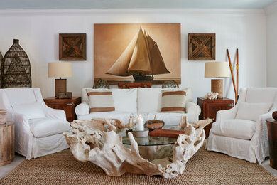 Living room - large coastal formal and open concept porcelain tile living room idea in Miami with white walls, no tv and no fireplace