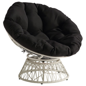 Papasan Chair With Black Round Pillow Cushion and Cream Wicker Weave