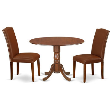 3 Pieces Dining Set, Round Tabletop With Drop Down Leaves, Mahogany/Brown