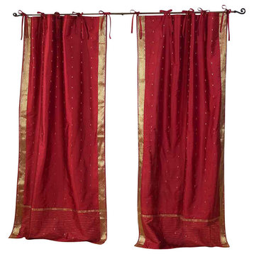 Lined-Maroon  Tie Top  Sheer Sari Cafe Curtain / Drape - 43W x 36L - Pair