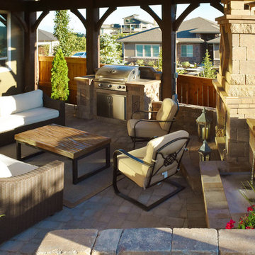 Timber Pavilion w/ Fireplace, Waterfall Fountains & BBQ Bar