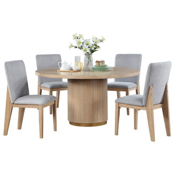 Caspian 5 Piece 59" Round Oak Finish Dining Table Set, Gray Chairs