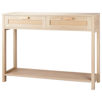 Contemporary Console Table, Lower Shelf & 2 Drawers With Rattan Front, Natural