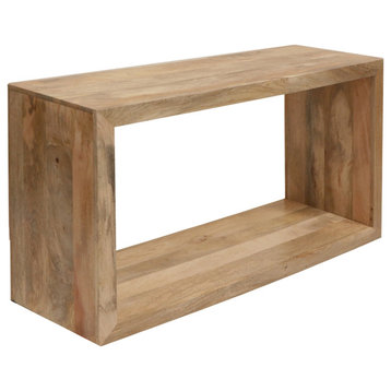 52 Inch Cube Shape Mango Wood Console Table With Bottom Shelf, Natural Brown