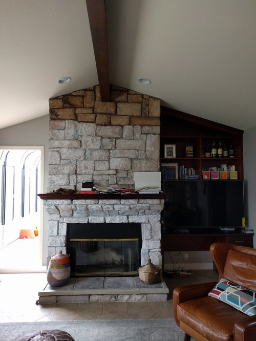 Redesign Fireplace And Built In Bookshelves I Plan To Demo The Floor Ceiling Stone On My Fireplace And Cherry Wood Built In Cabinets Beside It