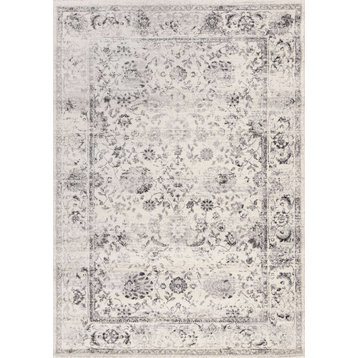 Sutton Collection Cream Gray Distressed Floral Traditional Rug, 7'10"x10'10"
