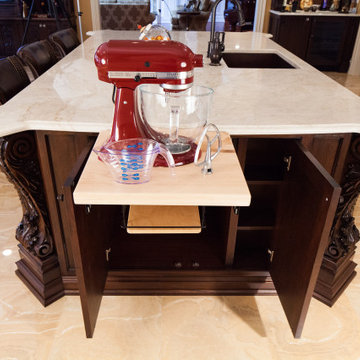 Italian inspired patina and mahogany kitchen. Saddle River, NJ