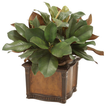 Magnolia And Dried Badam Hearts In Leather Chateau Planter