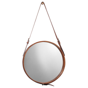 Large Round Steel Mirror, Brown Leather