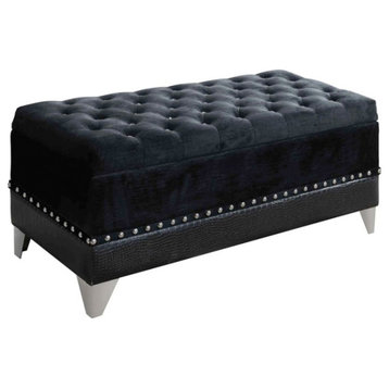 Leatherette Storage Bench with Nailhead Trims and Button Tufted Seat, Black