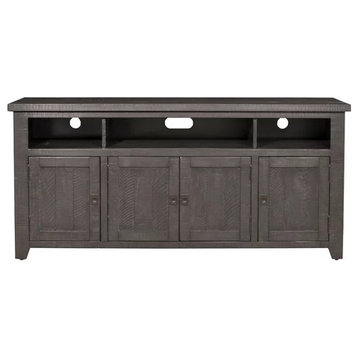 Rustic TV Console, Pine Wood Frame With 2 Cabinets and 3 Open Shelves, Gray