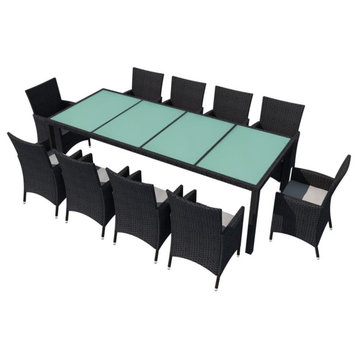 vidaXL 11-Piece Outdoor Dining Set With Cushions Poly Rattan Black