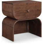Meridian Furniture - Jace Oak Veneer Night Stand, Brown - In the realm of modern design, the Jace brown walnut oak veneer nightstand strikes as a captivating masterpiece. Its sleek lines and curved silhouette create a captivating interplay of light and shadow. The spacious drawer provides ample storage for your essentials, such as adding a basket to put underneath for books and other small items. The unique design adds a touch of personality to your bedroom.