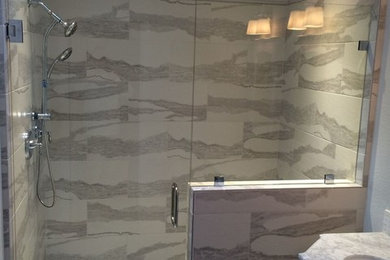 Large trendy master gray tile and white tile alcove shower photo in Indianapolis with shaker cabinets, white cabinets and an undermount sink