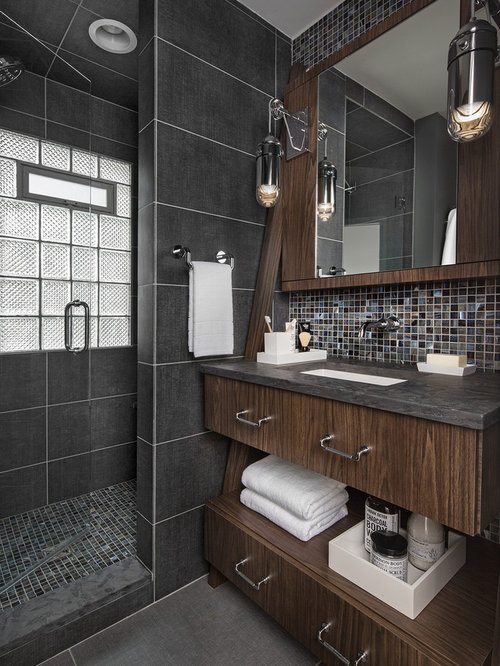 Badezimmer mit Granit-Waschbecken/Waschtisch und blauen Fliesen Ideen