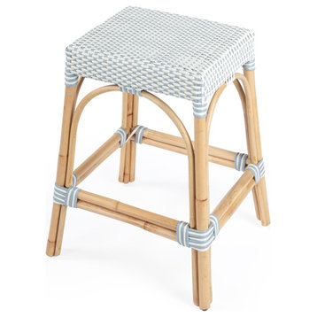 Beaumont Lane 24.5" Transitional Rattan Counter Stool in White/Sky Blue