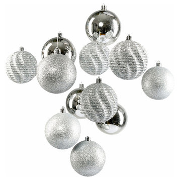 Serene Spaces Living Set of 12 Assorted Glitter Silver Ball Ornaments, 3"