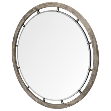 HomeRoots 46" Round Brown Wood Frame Wall Mirror