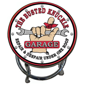 Busted Knuckle Garage Stool, White Vintage Logo, Swivel