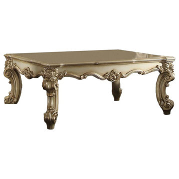 Rectangular Coffee Table with Carve Design, Gold Patina and Bone