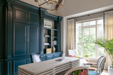 Inspiration for a large transitional freestanding desk carpeted and gray floor study room remodel in Atlanta with white walls