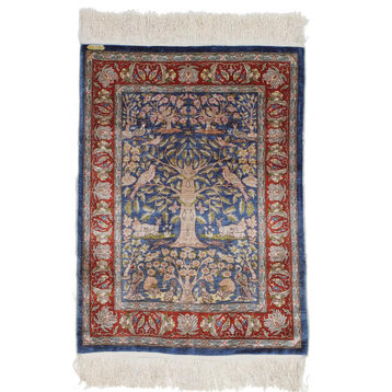 Oriental Rug Hereke Silk 3'0"x2'0" Hand Knotted Carpet