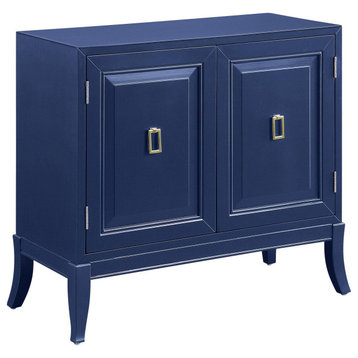 Contemporary Storage Cabinet, Raised Panel Doors With Golden Pull Handles, Blue