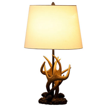 26" Natural And Brown Antlers Table Lamp With White Shade