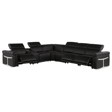 Giovanni 7-Piece 3-Power Reclining Italian Leather Sectional, Black