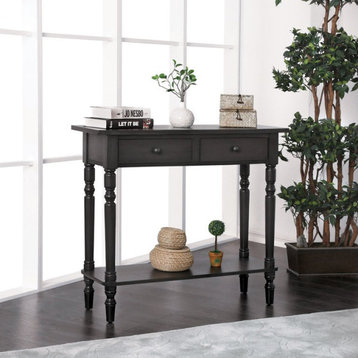 Transitional Console Table, Turned Legs With Shelf & 2 Spacious Drawers, Gray