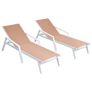 LeisureMod Marlin Patio Chaise Lounge Chair White Arms Set of 2, Light Brown