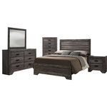 Cambridge - Drexel 5PC Bedroom Suite: KBed, Dresser, Mirror, Chest, Nightstand - Dressed in a distressed gray oak finish, the handsome Drexel bedroom collection adds warmth and style to any room. Featuring clean lines and modern black finished hardware, this transitional set is sure to impress. Enjoy its stylish wood panel headboard, accented by woodgrain and distressing for a warm look. Matching case pieces with spacious storage drawers complete the look of this modern farmhouse inspired collection.
