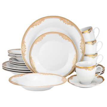 Royalty Porcelain 20 pc Dinnerware Set with Gold Ornament, Porcelain, White