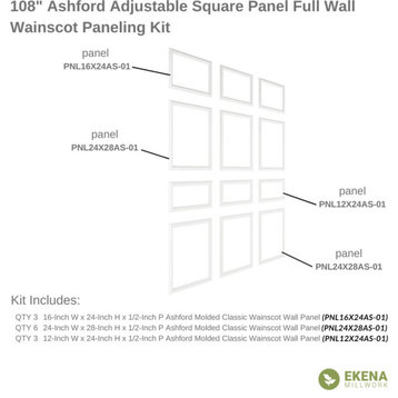 94.5"L Ashford Square Full Wall Wainscot Paneling Kit, 108-132"H, 3 Panels