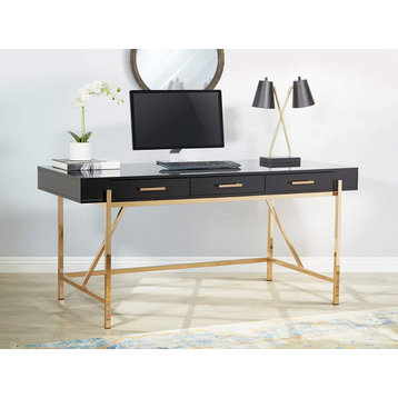 Modern Large Desk, Elegant Metal Frame With 3 Drawers, High Gloss Black/Gold