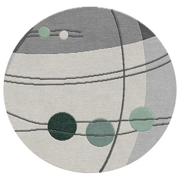 Grey/Green/Beige Modern Hand-Knotted Indian Round Area Rug, Grey, 4'11"x4'11"